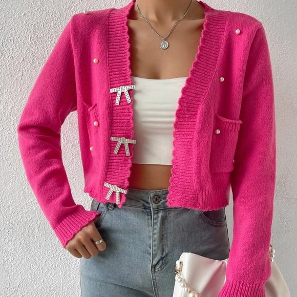 Pink Preppy Womens Pearls Beaded Dual Pocket Scallop Trim Cardigan - Picture 4 of 5